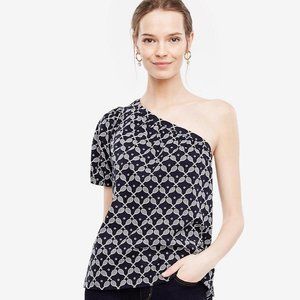 ANN TAYLOR Tennis Print Top One Shoulder Navy Blue *Tennis Anyone?* cute Novelty